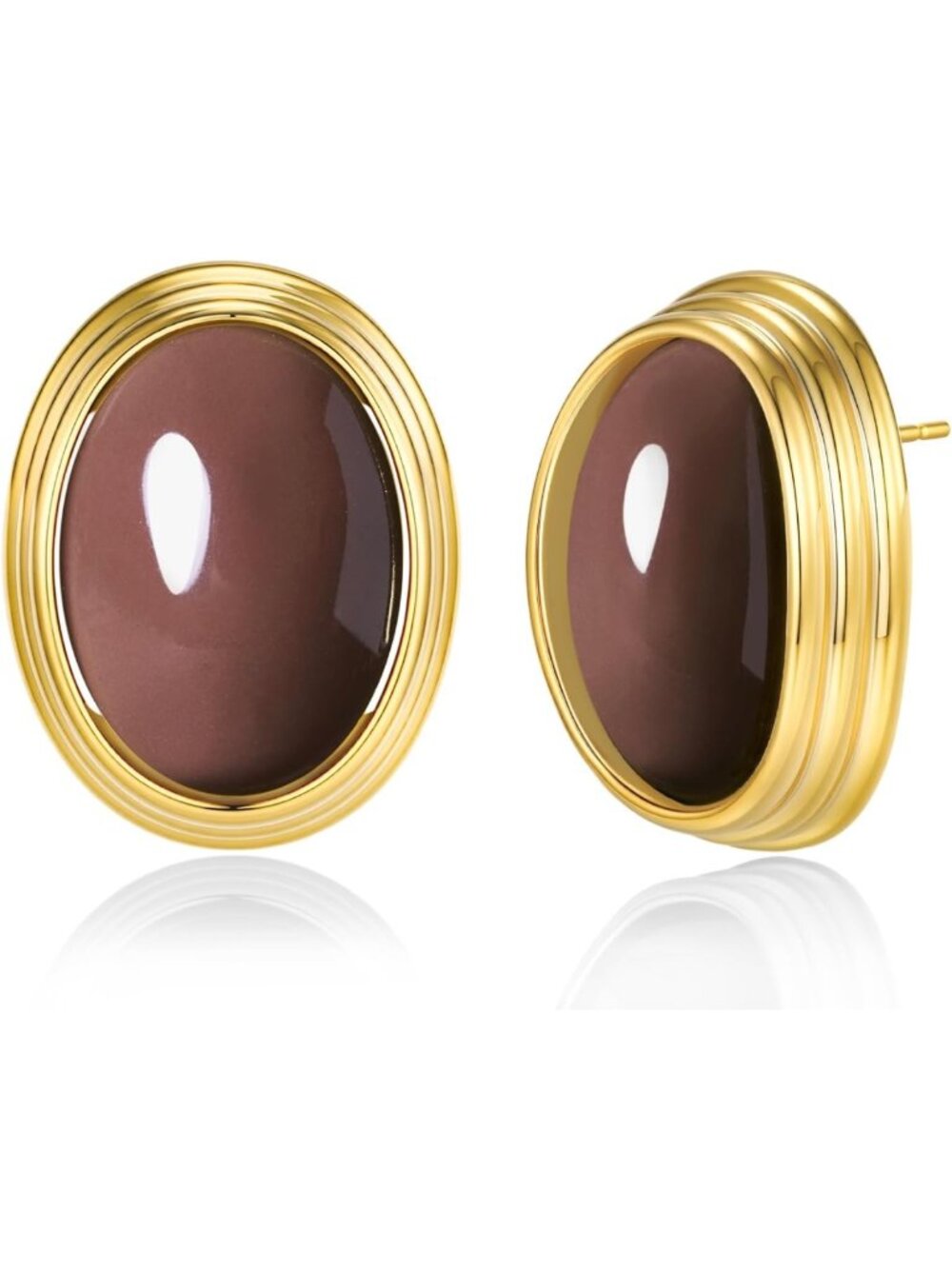 Chunky Gold Plated Burgundy Carnelian Button Earrings - Bohemian Vintage Style